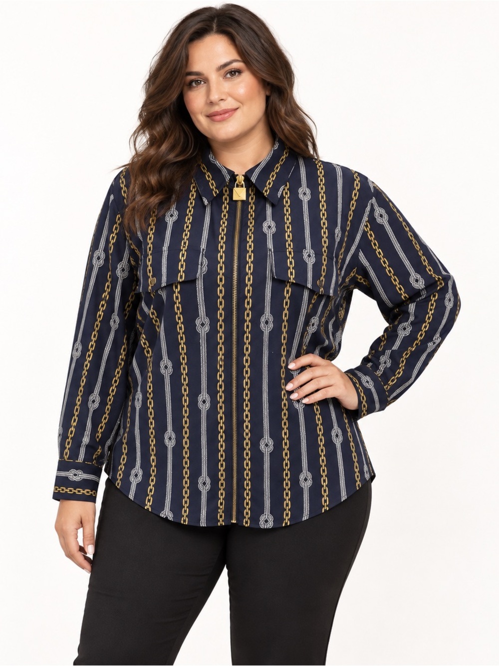 MICHAEL Michael Kors Chain Rope Print Zip Front Blouse Navy Gold Plus Size 1X